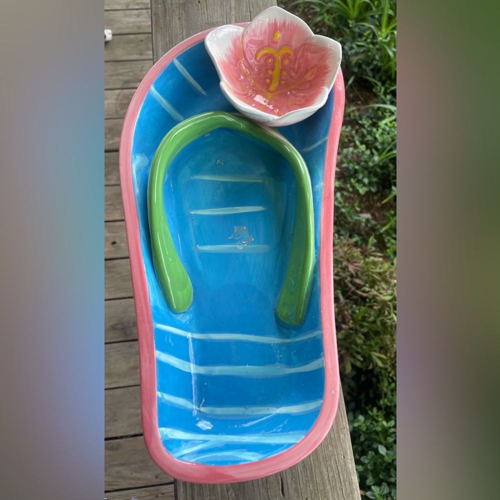 Vintage ceramic serving tray with bowl, Dennis East flip-flop chip and dip set